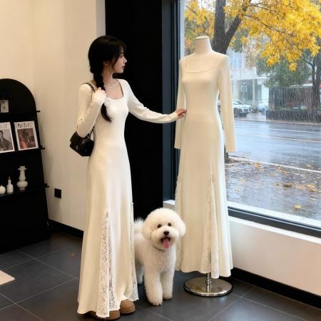 FA49107# 温柔风加厚连衣裙女秋冬蕾丝拼接收腰显瘦气质极简风针织长裙 服裝批發女裝批發服飾貨源