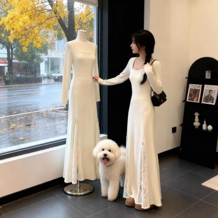 FA49107# 温柔风加厚连衣裙女秋冬蕾丝拼接收腰显瘦气质极简风针织长裙 服裝批發女裝批發服飾貨源