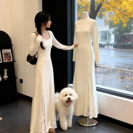 FA49107# 温柔风加厚连衣裙女秋冬蕾丝拼接收腰显瘦气质极简风针织长裙 服裝批發女裝批發服飾貨源