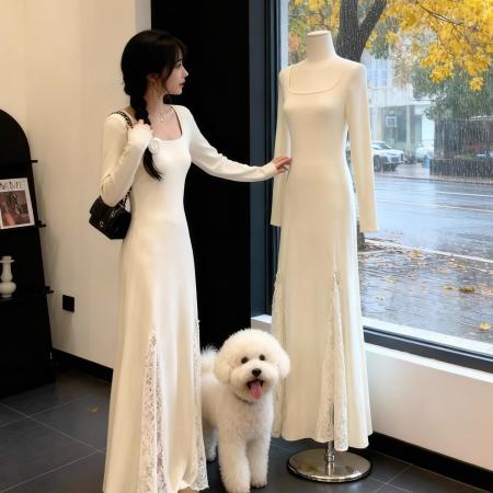 FA49107# 温柔风加厚连衣裙女秋冬蕾丝拼接收腰显瘦气质极简风针织长裙 服裝批發女裝批發服飾貨源