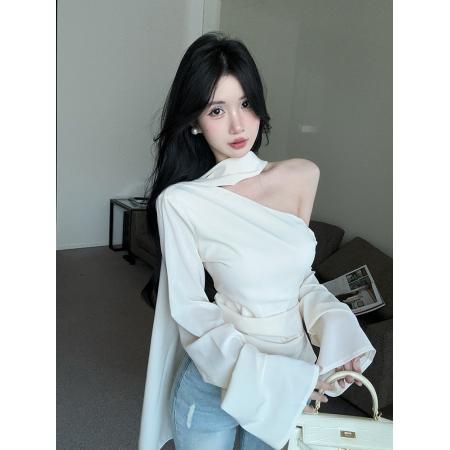 FA49109# 斜肩飘带雪纺衫衬衫 服裝批發女裝批發服飾貨源