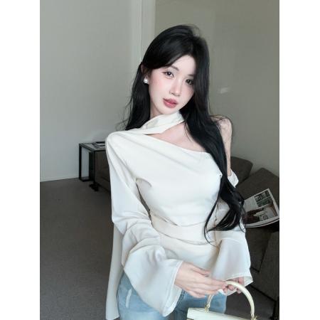 FA49109# 斜肩飘带雪纺衫衬衫 服裝批發女裝批發服飾貨源