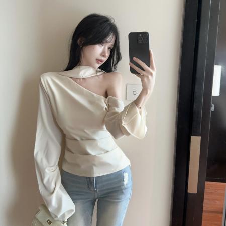 FA49109# 斜肩飘带雪纺衫衬衫 服裝批發女裝批發服飾貨源