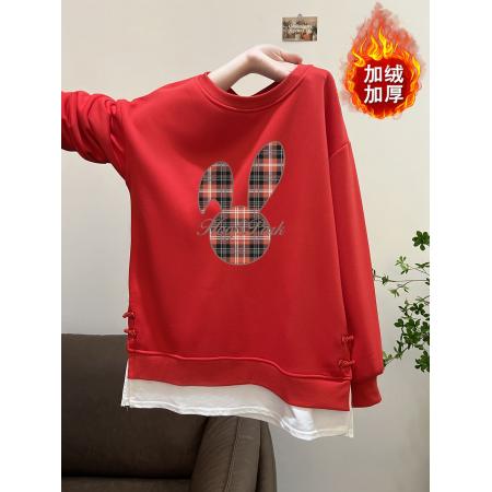 FA49111# 华棉复天鹅绒大码后包领秋冬韩版印花假两件卫衣女 服裝批發女裝批發服飾貨源