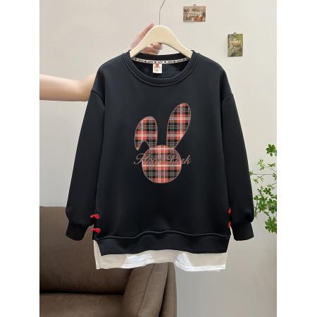 FA49111# 华棉复天鹅绒大码后包领秋冬韩版印花假两件卫衣女 服裝批發女裝批發服飾貨源