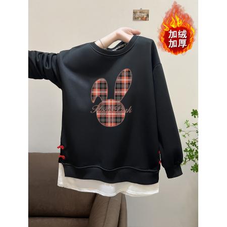 FA49111# 华棉复天鹅绒大码后包领秋冬韩版印花假两件卫衣女 服裝批發女裝批發服飾貨源