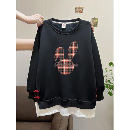 FA49111# 华棉复天鹅绒大码后包领秋冬韩版印花假两件卫衣女 服裝批發女裝批發服飾貨源