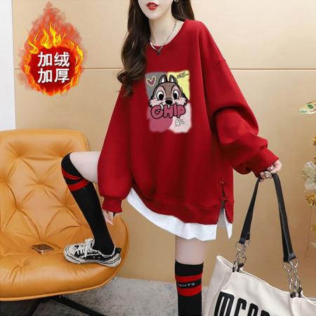 FA49112# 华棉复天鹅绒大码后包领秋冬韩版印花假两件卫衣女 服裝批發女裝批發服飾貨源