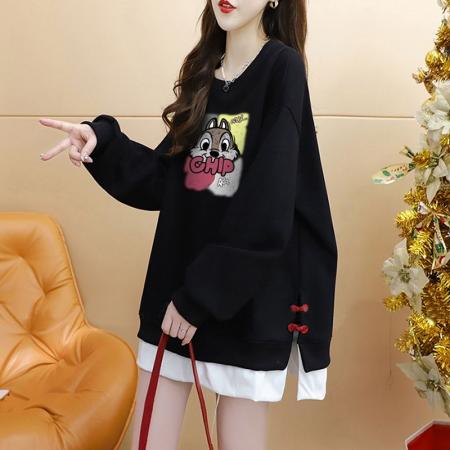 FA49112# 华棉复天鹅绒大码后包领秋冬韩版印花假两件卫衣女 服裝批發女裝批發服飾貨源