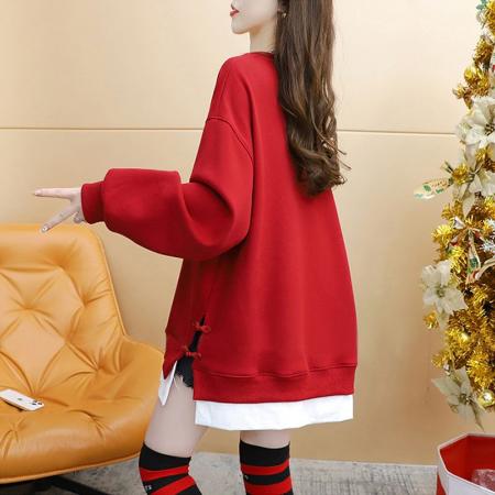 FA49112# 华棉复天鹅绒大码后包领秋冬韩版印花假两件卫衣女 服裝批發女裝批發服飾貨源