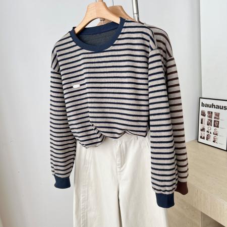 FA49113# 面料韩版米呢色织大码卫衣女秋冬加绒加厚百搭条纹上衣 服裝批發女裝批發服飾貨源