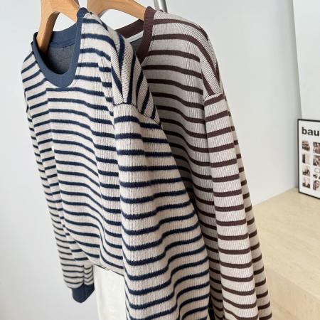 FA49113# 面料韩版米呢色织大码卫衣女秋冬加绒加厚百搭条纹上衣 服裝批發女裝批發服飾貨源