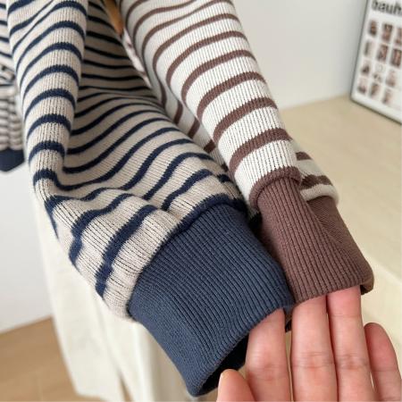 FA49113# 面料韩版米呢色织大码卫衣女秋冬加绒加厚百搭条纹上衣 服裝批發女裝批發服飾貨源