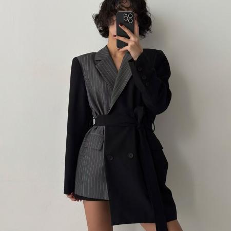 FA49115# 复古气质时尚别致不对称拼接绑带西装外套 服裝批發女裝批發服飾貨源