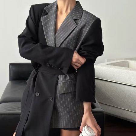 FA49115# 复古气质时尚别致不对称拼接绑带西装外套 服裝批發女裝批發服飾貨源
