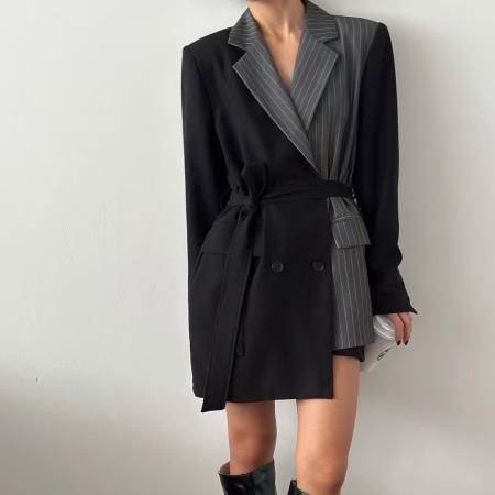 FA49115# 复古气质时尚别致不对称拼接绑带西装外套 服裝批發女裝批發服飾貨源