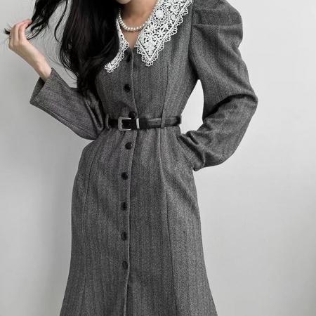 FA49117# 法式气质花边荷叶领西装式外套收腰连衣裙配皮带 服裝批發女裝批發服飾貨源