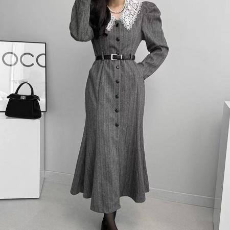 FA49117# 法式气质花边荷叶领西装式外套收腰连衣裙配皮带 服裝批發女裝批發服飾貨源