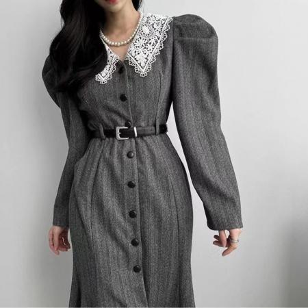 FA49117# 法式气质花边荷叶领西装式外套收腰连衣裙配皮带 服裝批發女裝批發服飾貨源