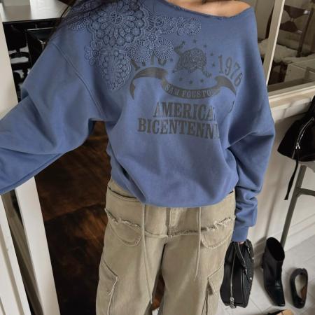 FA49119# 美式洋气不规则花边拼接印花卫衣 服裝批發女裝批發服飾貨源