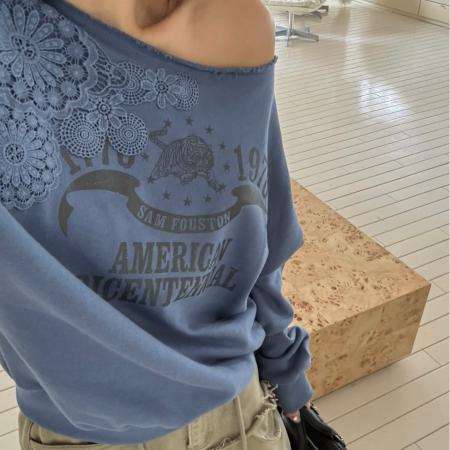 FA49119# 美式洋气不规则花边拼接印花卫衣 服裝批發女裝批發服飾貨源