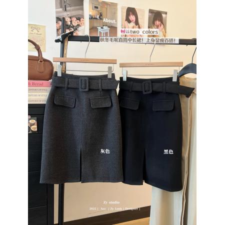 FA49121# 毛呢半身裙女冬季加厚高腰气质优雅厚裙子开叉包臀裙 服裝批發女裝批發服飾貨源