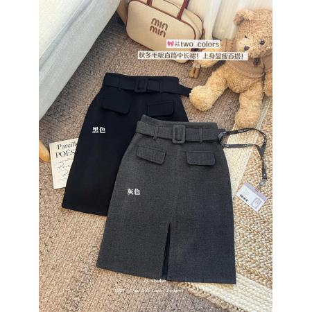 FA49121# 毛呢半身裙女冬季加厚高腰气质优雅厚裙子开叉包臀裙 服裝批發女裝批發服飾貨源