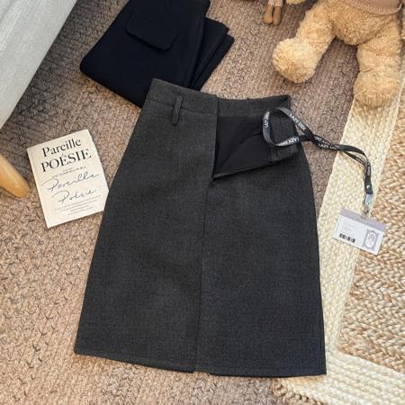 FA49121# 毛呢半身裙女冬季加厚高腰气质优雅厚裙子开叉包臀裙 服裝批發女裝批發服飾貨源