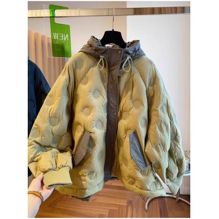 FA49122# 欧货设计感小众宽松高端圆点压茧连帽棉服服女拼色外套 服裝批發女裝批發服飾貨源