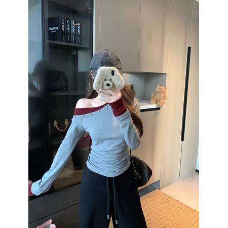 FA49123# 美式辣妹一字肩灰色长袖T恤女早秋小个子独特假两件上衣 服裝批發女裝批發服飾貨源