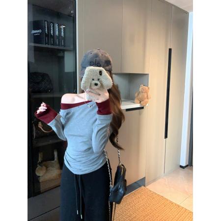 FA49123# 美式辣妹一字肩灰色长袖T恤女早秋小个子独特假两件上衣 服裝批發女裝批發服飾貨源