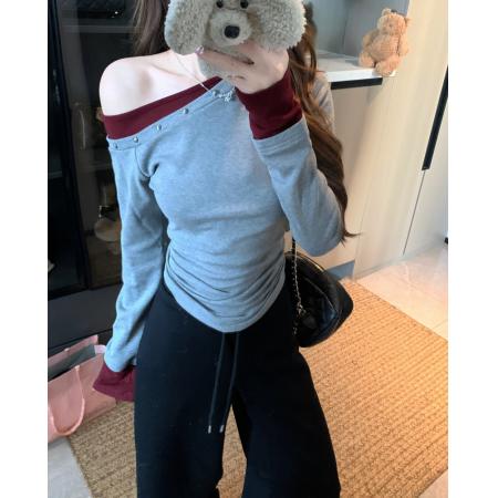 FA49123# 美式辣妹一字肩灰色长袖T恤女早秋小个子独特假两件上衣 服裝批發女裝批發服飾貨源