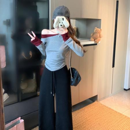 FA49123# 美式辣妹一字肩灰色长袖T恤女早秋小个子独特假两件上衣 服裝批發女裝批發服飾貨源