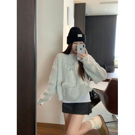 FA49124# 百猫咪图案圆领灰色毛衣秋冬宽松显瘦针织上衣女 服裝批發女裝批發服飾貨源