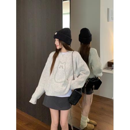 FA49124# 百猫咪图案圆领灰色毛衣秋冬宽松显瘦针织上衣女 服裝批發女裝批發服飾貨源