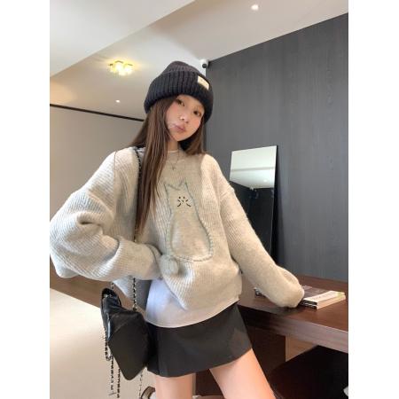 FA49124# 百猫咪图案圆领灰色毛衣秋冬宽松显瘦针织上衣女 服裝批發女裝批發服飾貨源