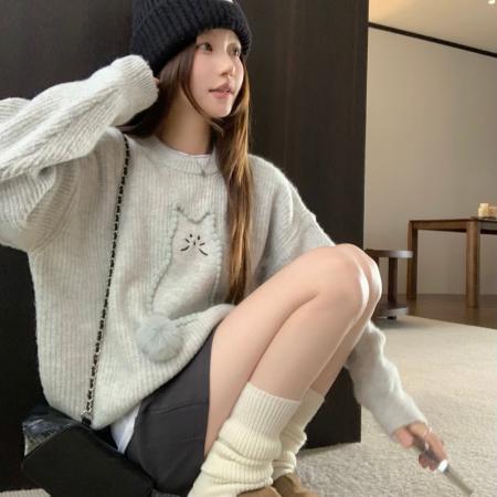 FA49124# 百猫咪图案圆领灰色毛衣秋冬宽松显瘦针织上衣女 服裝批發女裝批發服飾貨源