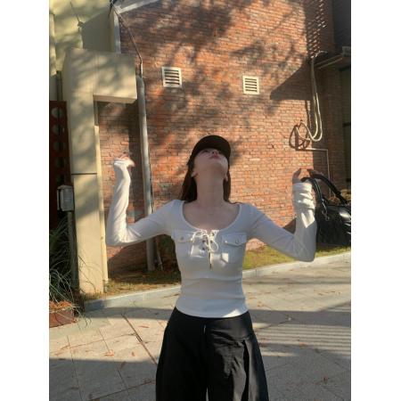 FA49125# 半开领绑带长袖T恤女秋冬辣妹修身内搭短款上衣 服裝批發女裝批發服飾貨源