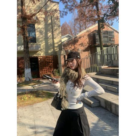 FA49125# 半开领绑带长袖T恤女秋冬辣妹修身内搭短款上衣 服裝批發女裝批發服飾貨源