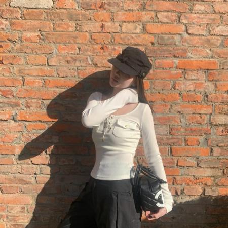 FA49125# 半开领绑带长袖T恤女秋冬辣妹修身内搭短款上衣 服裝批發女裝批發服飾貨源