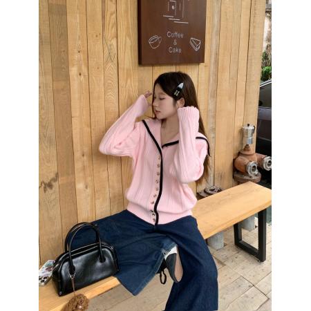 FA49126# 撞色边慵懒海军领针织衫毛衣开衫显瘦气质上衣女 服裝批發女裝批發服飾貨源