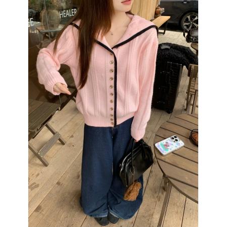 FA49126# 撞色边慵懒海军领针织衫毛衣开衫显瘦气质上衣女 服裝批發女裝批發服飾貨源