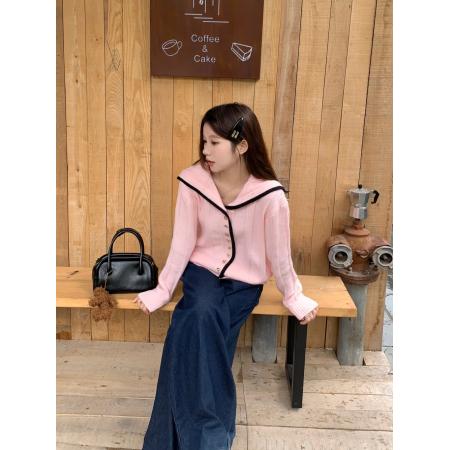 FA49126# 撞色边慵懒海军领针织衫毛衣开衫显瘦气质上衣女 服裝批發女裝批發服飾貨源