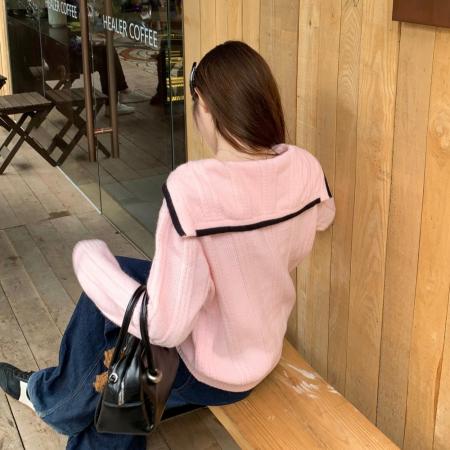 FA49126# 撞色边慵懒海军领针织衫毛衣开衫显瘦气质上衣女 服裝批發女裝批發服飾貨源