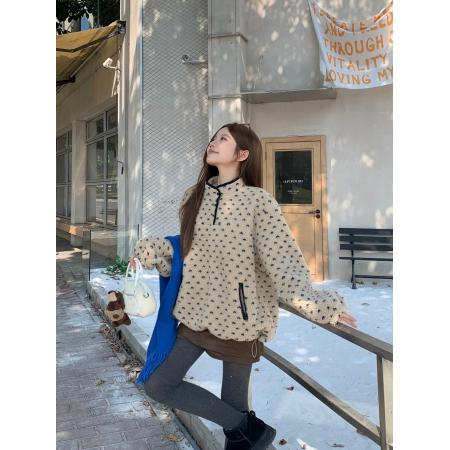 FA49127# 秋冬休闲感撞色爱心提花抽绳仿羊羔毛半扣立领上衣 服裝批發女裝批發服飾貨源