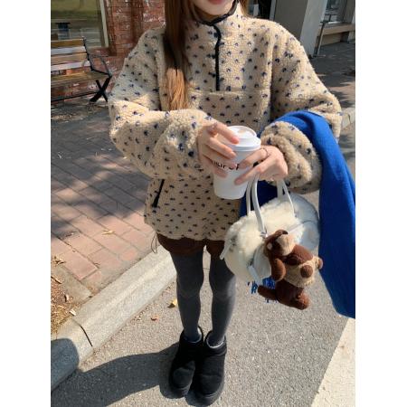 FA49127# 秋冬休闲感撞色爱心提花抽绳仿羊羔毛半扣立领上衣 服裝批發女裝批發服飾貨源