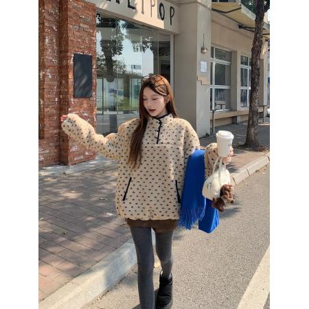 FA49127# 秋冬休闲感撞色爱心提花抽绳仿羊羔毛半扣立领上衣 服裝批發女裝批發服飾貨源