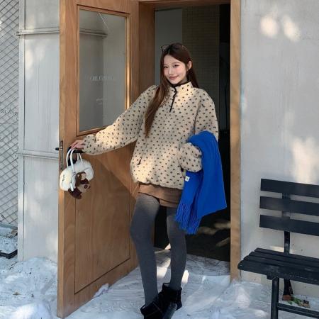 FA49127# 秋冬休闲感撞色爱心提花抽绳仿羊羔毛半扣立领上衣 服裝批發女裝批發服飾貨源