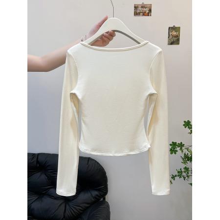 FA49129# 新款时尚蕾丝拼接网纱打底衫女长袖方领带胸垫气质温柔风上衣 服裝批發女裝批發服飾貨源