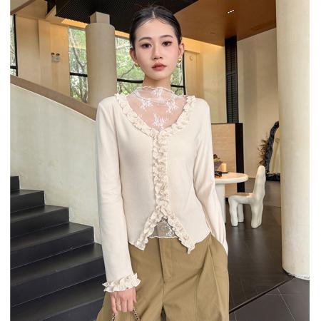 FA49130# 法式甜美风木耳边蕾丝拼接长袖T恤女秋冬新款修身打底衫洋气上衣 服裝批發女裝批發服飾貨源